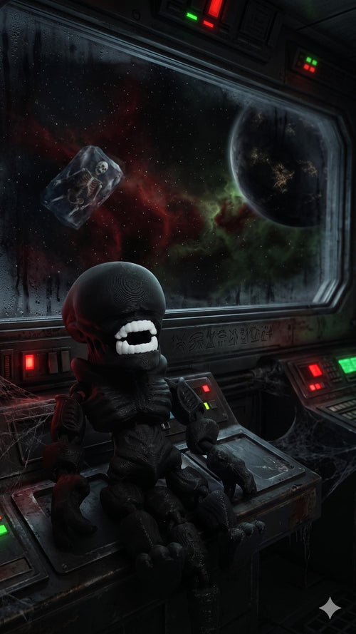 The 3D printed Xenomorph flexi figure displayed on a futuristic sci-fi space station console background